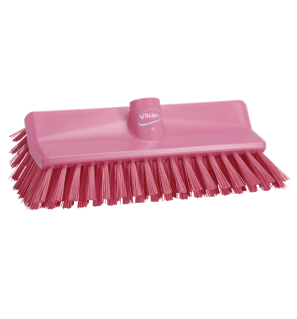 Pink plastic scrub brush with bristles.